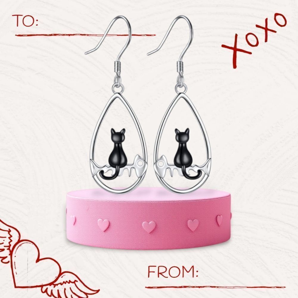 Black Cat Fishbone Teardrop Earring Silver Pierced Dangle Cat Lady Mom Pet Lover